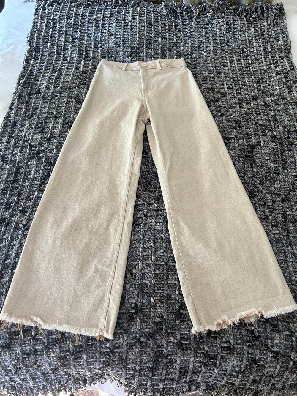 Zara Tan Marine High Waisted Wide-Leg Frayed Hem Jeans